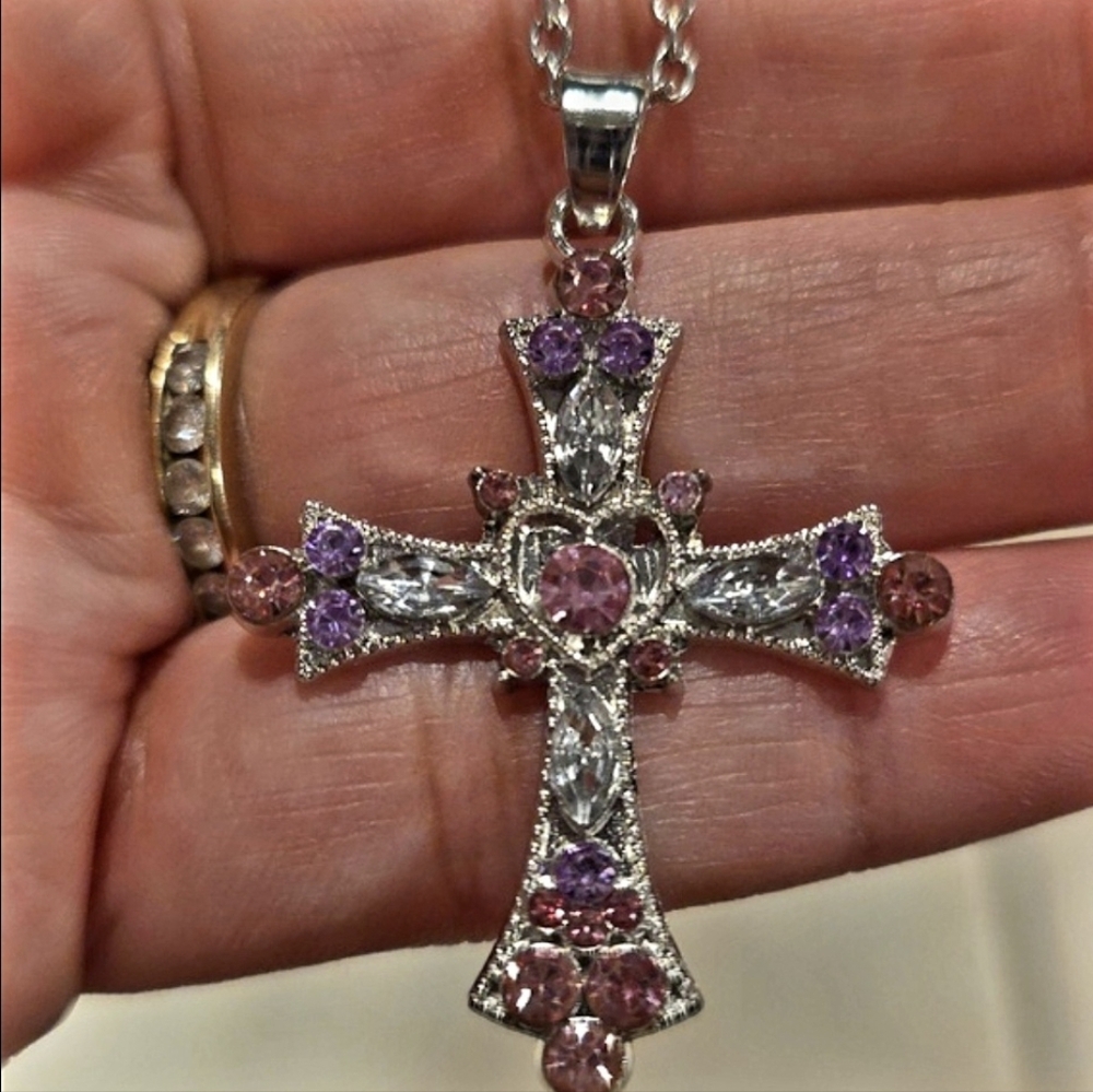 Pink and Purple Rhinedtone Cross Silver Necklace